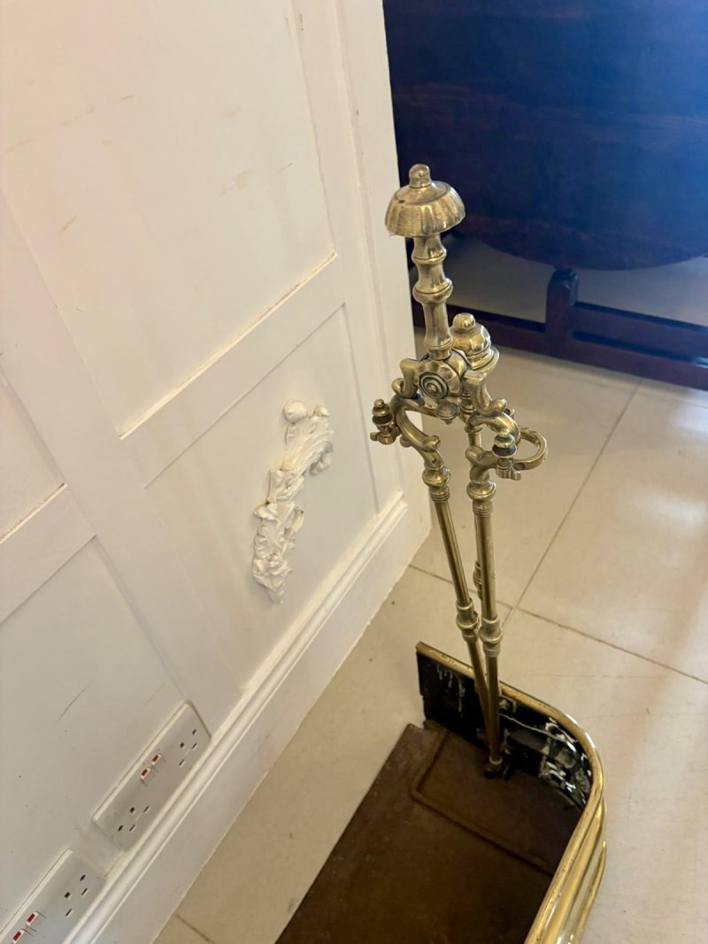 Unusual and Rare Quality Antique Regency Brass Fender with Original Fire Irons - Image 3